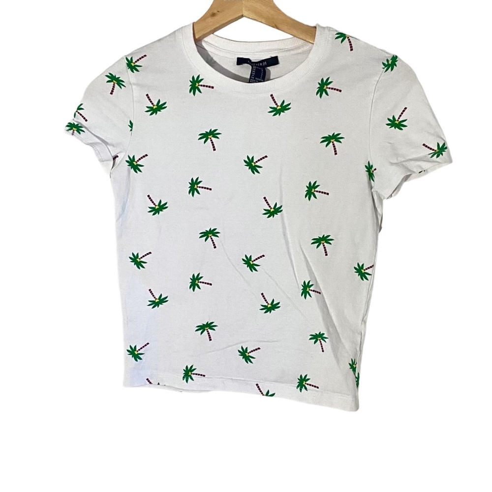 Forever 21 White Short Sleeve Tee with Green Palm Tree Print
